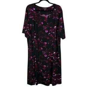 Roz & Ali Floral Dark Romantic Short Sleeve Shift Midi Dress 3X Black Purple